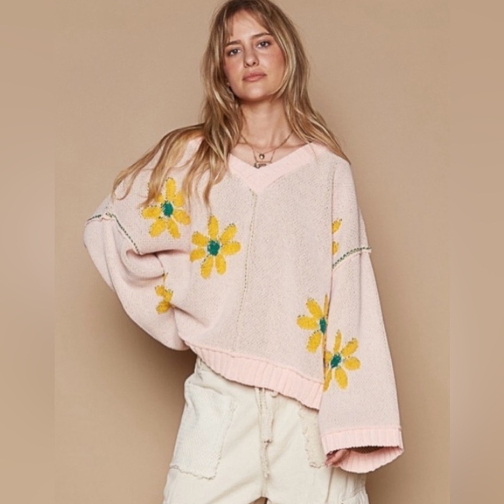 POL New Oversized Pink Flower Sweater Front/Back Size Small